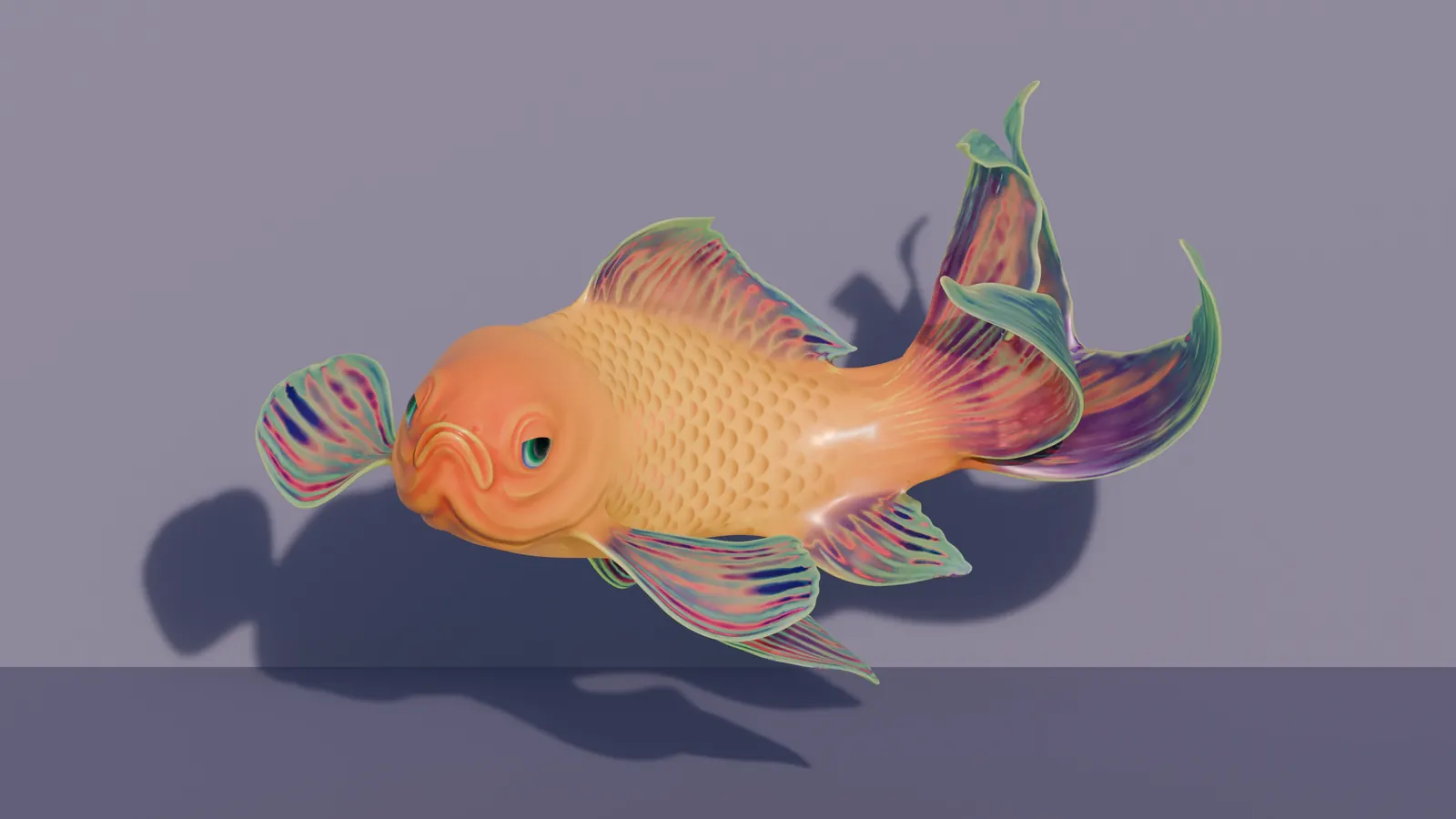 A smooth orange goldfish 3D model with scales and translucent coloured fins, rendered against a purple wall.