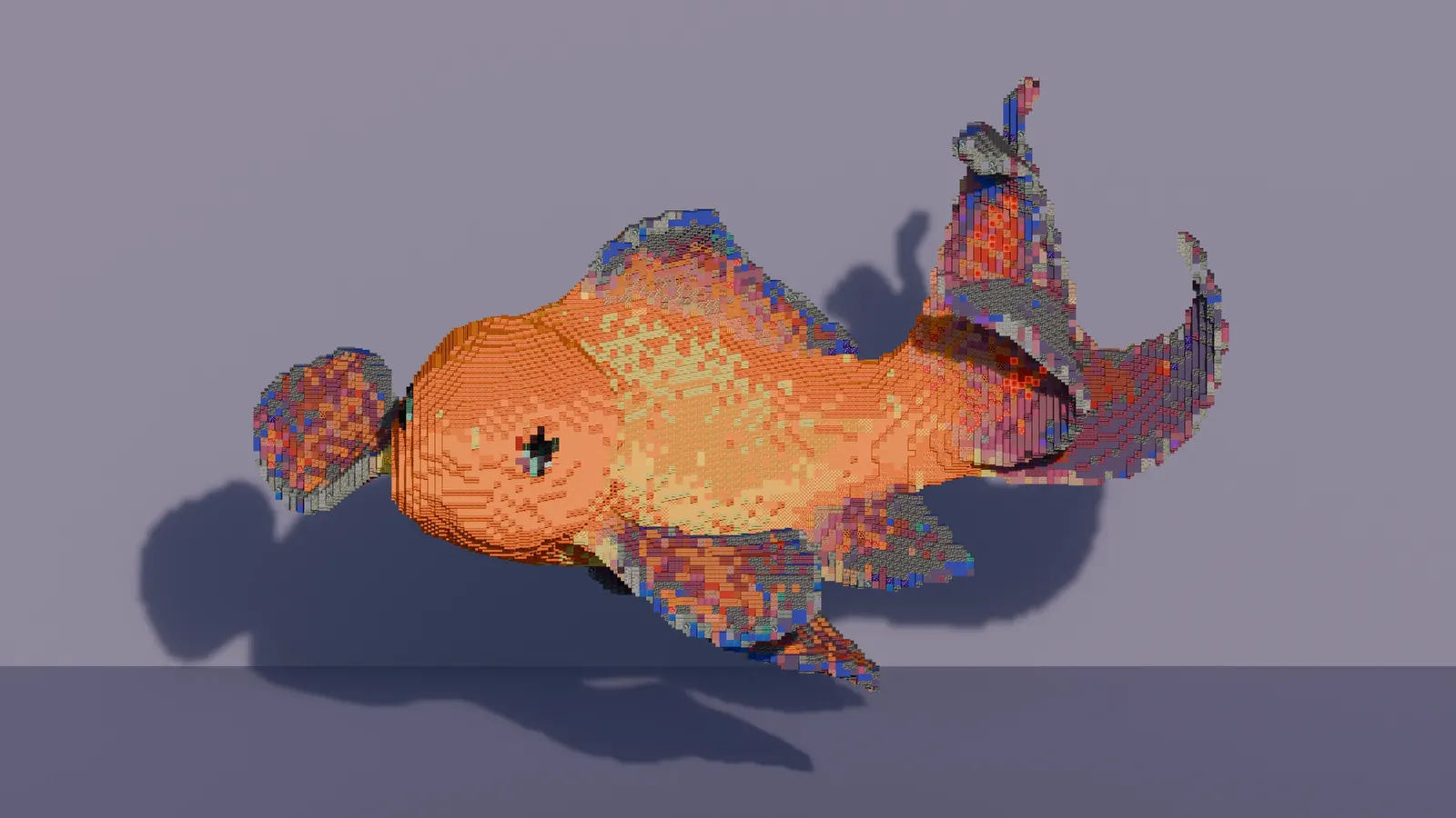 The same goldfish rebuilt from Minecraft blocks, with an orange body and fins made of mixed coloured blocks.