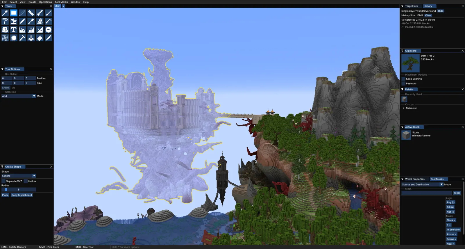 Axiom in Editor Mode: a tool palette and options panels on the left, a selected floating castle island in the 3D view, and clipboard, palette and mask panels on the right.