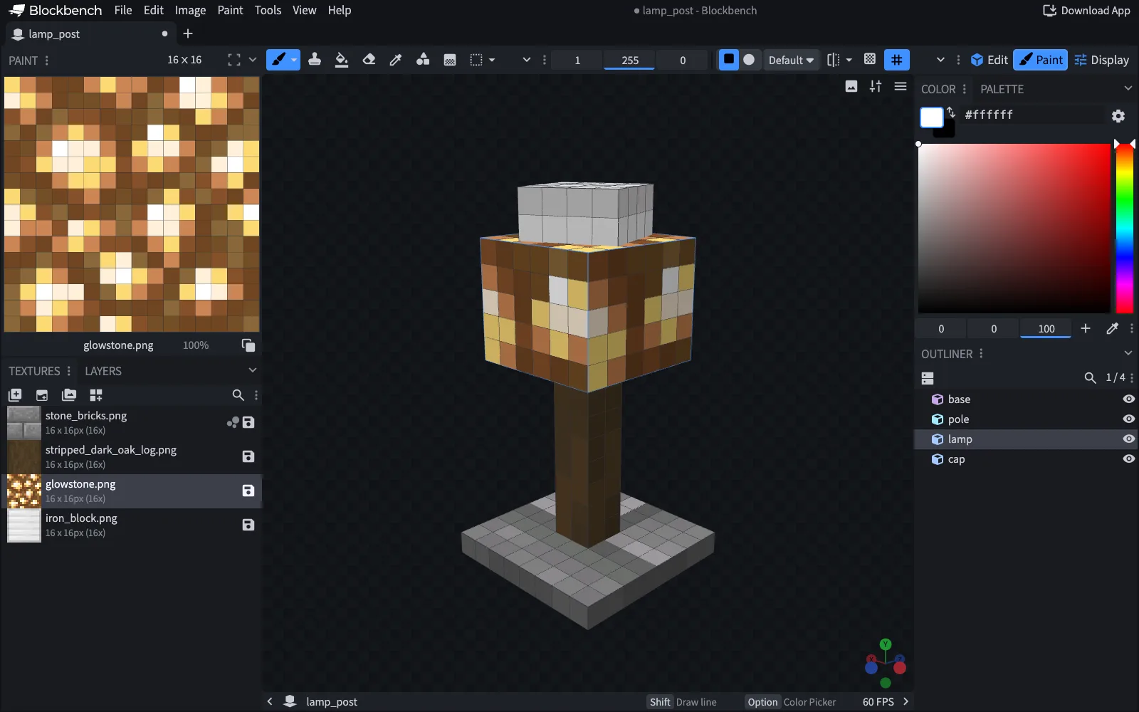 Blockbench in Paint mode with the glowstone texture enlarged on the left, a pixel grid over the lamp post model and a colour picker with a hex field on the right.