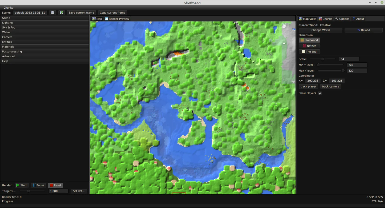 The Chunky window showing a top-down map of a world, a list of render settings on the left, the map and chunk options on the right and Start, Pause and Reset buttons at the bottom.