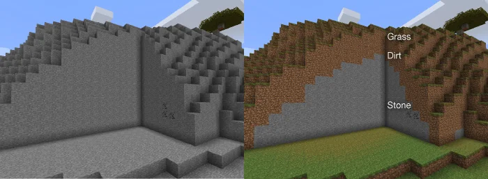 Two views of the same terrain slope: plain grey stone on the left, and the same slope with grass on top, dirt below and stone underneath, labelled, on the right.
